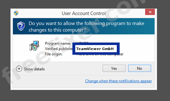 Screenshot where TeamViewer GmbH appears as the verified publisher in the UAC dialog